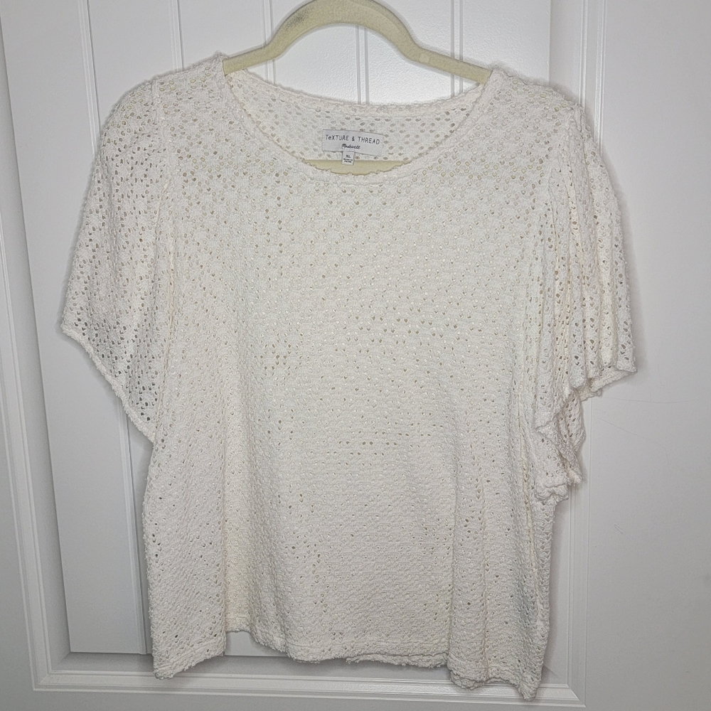 Madewell Texture & Thread Eyelet Short Sleeve Top Blouse, Women's XL, White
